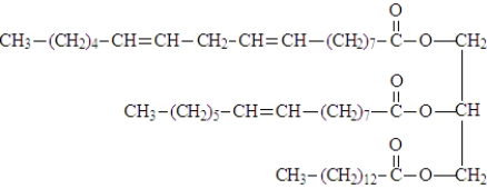 <strong>The following triglyceride is to be completely hydrogenated. How many molecules of hydrogen are added to the triglyceride?</strong> A) 1 B) 2 C) 3 D) 4 E) 5 F) 6