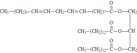 Examine the fatty acids given below. The names of the acids are given above the formula and each structure given a letter designation below the structure. Fill in the blanks with the appropriate letter (A, B, C, D, E). To form the following triglyceride would require 1 molecule of ______________________ and 2 molecules of ______________________.