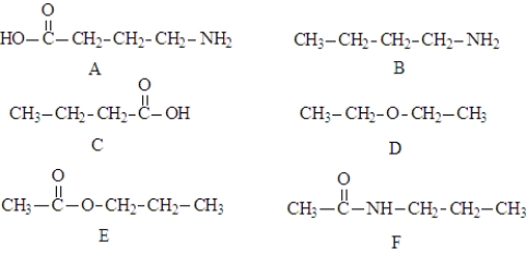 Consider the following compounds. These compound may be involved in the following types of reaction. amidation esterification saponification condensation hydrolysis polymerization Fill in the blanks with the appropriate term from the list. More than one term may be correct. -Structures E and F are the products of a(n) ____________________ reaction.