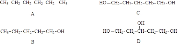 Examine the following compounds. Fill in the blanks with the appropriate letter (A, B, C, D). Structure _________________could hydrogen bond to water to the greatest extent.