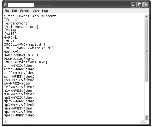<strong> What is displayed in the figure above?</strong> A) A bashrc file in Red Hat Linux B) A win.ini file in Windows XP C) A startup.ncf file in Netware D) The kernel file in Mac OS X