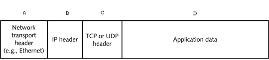 <strong> In the figure above, which letter indicates the portion of the TCP/IP packet that is the TCP segment?</strong> A) A B) A and B C) B and C D) C and D