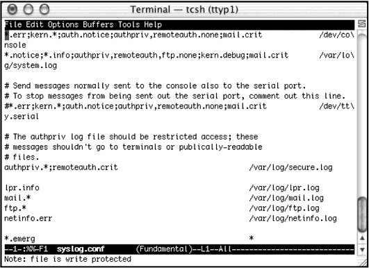 <strong> Which file is being edited in the figure above?</strong> A) netinfo log B) lpr.log C) syslog.conf D) system.log