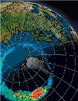 <strong>  The multicolored ring in the image above of Earth is a/an ___________.</strong> A) impact site under the water, falsely colored. B) tornado C) hurricane D) aurora <div style=padding-top: 35px> 