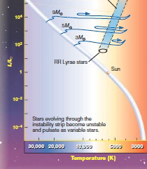 <strong>  Which mass star experiences more pulsations than the others shown at the time the systems were plotted in the above H-R diagram?</strong> A) 9-solar-mass star B) 5-solar-mass star C) 3-solar-mass star D) RR Lyrae <div style=padding-top: 35px> 