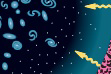 <strong>  If a region of the universe during the big bang is the pink/black colors and a region of the universe today shows the sky-blue galaxies and stars, what are the yellow squiggly lines and when did they occur?</strong> A) photons, matter-antimatter annihilation B) photons, CMB C) hydrogen fusion to helium, era when neither matter nor radiation dominates D) gamma rays, dark age <div style=padding-top: 35px> 
