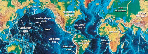 <strong>  When plates spread apart and magma rises, what forms in the above labeled map of Earth?</strong> A) mountains B) seas C) mid-ocean rises D) subduction zones <div style=padding-top: 35px> 