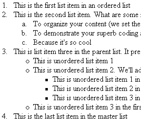 Figure C-16 The figure above shows the browser output of a nested list.