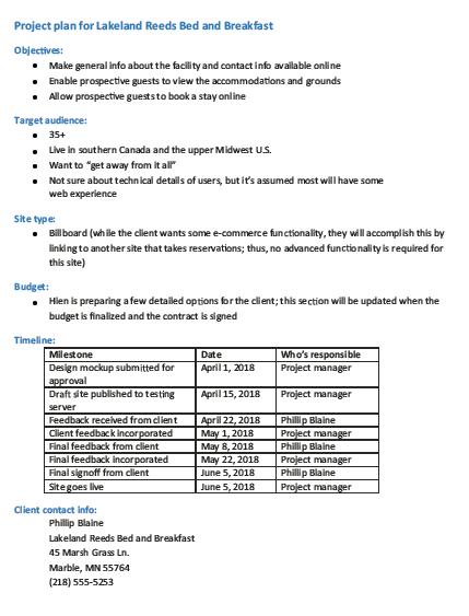<strong> The figure above shows a timeline that includes milestones, the date the project will be completed, and who is responsible for each task. Normally, you do NOT need to include ____ in the timeline.</strong> A) milestones B) completion date C) person responsible for each task D) None of the above, all of these items should be included