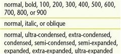 <strong>Common @ font-face descriptors Referring to the figure above, which value would you use to create the heaviest bold font?</strong> A) bold B) 100 C) 500 D) 900