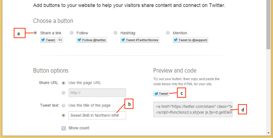 <strong> Referring to the figure above, which item sets the default text of the tweet?</strong> A) a B) b C) c D) d