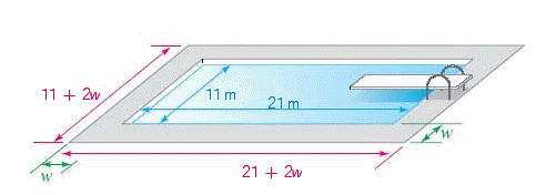 <strong>The owners of the rectangular swimming pool in the illustration want to surround the pool with a crushed-stone border of uniform width. They have enough stone to cover 68 square meters. How wide should they make the border? ( Hint : The area of the larger rectangle minus the area of the smaller is the area of the border.) </strong> A)1.5 m B)3.5 m C)1 m D)2.5 m E)0.5 m