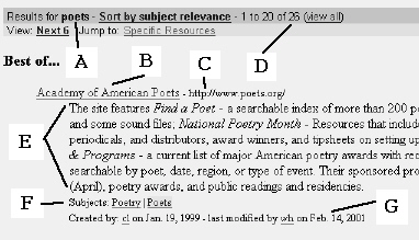 Match the following items from a subject guide s results display to their proper descriptions below.  
