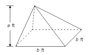 The Great Pyramid at Giza in northern Egypt is one of the most famous works of architecture in the world. Use information in the illustration to find the volume to the nearest cubic foot. a = 455, b = 755 __________ ft