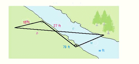 <strong>Use the dimensions in the illustration to find w , the width of the river. The two triangles in the illustration are similar. </strong> A) w = 52 \frac { 2 } { 3 } ft B) w = 54 \frac { 3 } { 7 } ft C) w = 51 \frac { 2 } { 3 } ft D) w = 54 \frac { 1 } { 7 } ft E) w = 51 \frac { 3 } { 7 } ft