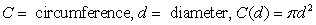 <strong>Define variables and write the sentence in function notation. The circumference of a circle is a function of the diameter. Circumference is times diameter.</strong> A) B) C) D) E)