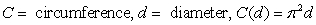 <strong>Define variables and write the sentence in function notation. The circumference of a circle is a function of the diameter. Circumference is times diameter.</strong> A) B) C) D) E)