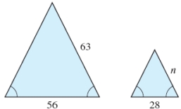 <strong>Find the unknown side, n, in the following pair of similar figures. Round your answer to one decimal place. </strong> A) 32.5 B) 31.5 C) 26.5 D) 33.5 E) 34.5