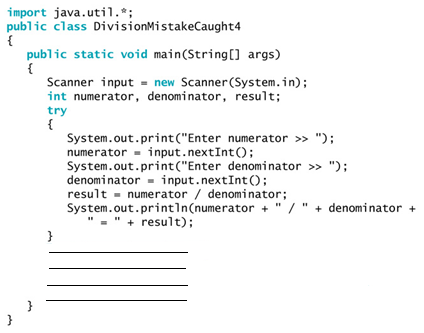 Using the above code, fill in the blank lines to create a catch block that will catch any type of Exception object and display the message Invalid operation.