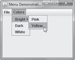The above figure shows a JFrame with a horizontal JMenuBar named myMenu that holds two JMenu s: menu1 and menu2 . A submenu and JMenuItem s also exist with the Colors yellows , blues , and greens . Using the add() method, write the statements to add the JMenu s to the JMenuBar , and write the statements to add a submenu and JMenuItem s to the Colors menu.