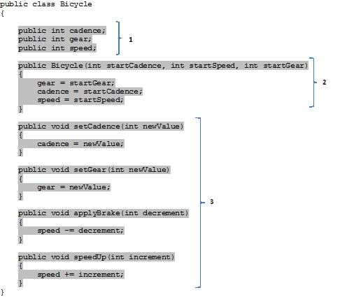 Use the above code and sections labeled 1, 2, and 3 to answer the following: Identify the labeled section that is the constructor for the Bicycle class, identify the section of fields of the Bicycle class, and identify the Bicycle class methods.