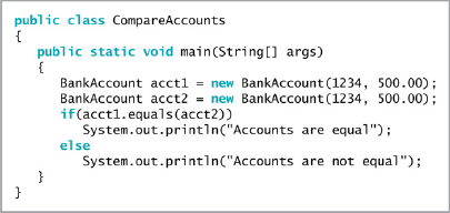 The equals() method returns a boolean value indicating whether two objects are equal. Using the above code, will the two BankAccount objects be equal? Explain why or why not.