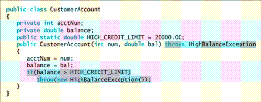 The figures above show the HighBalanceException and CustomerAccount classes. Explain what is involved in creating your own throwable Exception s. Explain what will happen if the CustomerAccount throws a HighBalanceException .