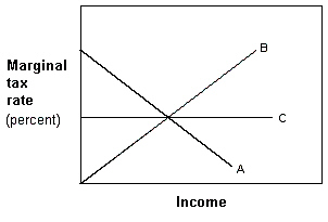 <strong>Exhibit 12-4 Marginal tax rate lines In Exhibit 12-4, line B represents a:</strong> A)regressive tax. B)progressive tax. C)proportional tax. D)flat tax.