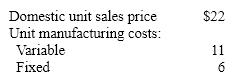 <strong>Rylan Corporation received an offer from an exporter for 25,000 units of product at $16 per unit. The acceptance of the offer will not affect normal production or domestic sales prices. The following data are available: What is the differential cost from the acceptance of the offer?</strong> A) $150,000 B) $275,000 C) $550,000 D) $125,000