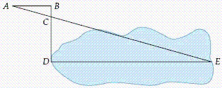 <strong>The diagram below shows how we can find the distance across a lake using the principle of similar triangles. If AB = 207 feet, BC = 110 feet, and CD = 295 feet, find the distance across the lake? Round your answer to two decimal places. </strong> A) 5551.36 feet B) 1110.27 feet C) 277.57 feet D) 555.14 feet E) 156.76 feet