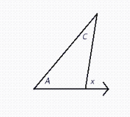  Find the measure of the exterior angle, x , if  \angle A = 33 ^ { \circ }  and  \angle C = 40 ^ { \circ }  .   