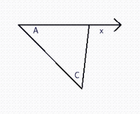  Find the measure of the exterior angle,  x  .  \angle A = 43 ^ { \circ }  and  \angle \mathrm { C } = 53 ^ { \circ }  .   