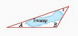 Assume that the given angles have been measured as \angle A = 20 ^ { \circ } and \angle B = 118 ^ { \circ } . Calculate the angle, x , that could not be found by direct measurement.