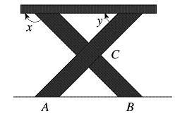 The legs of a picnic table form two isosceles triangles where \angle A C B = 92 ^ { \circ } . Find the measures of angles x and y so that the top of the table will be parallel to the ground.