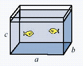 What is the capacity of the container below if a = 4 \mathrm { ft } , b = 1 \mathrm { ft } , and c = 1.5 \mathrm { ft } ? Give your answer in the U.S. system to the nearest tenth of a gallon.