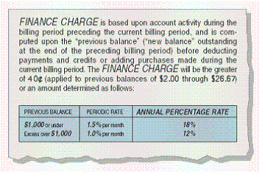 The finance charge disclosure on a Sears Revolving Charge Card statement is shown here. Why do you suppose that the limitation on the 40 cent finance charge is from $2.00 to $26.67? For balances over $26.67, the interest would be __________ (answer more or less ) than __________ (answer $0.40 or $2.00)