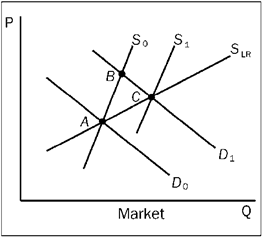 Which of the following best describes the series of events shown in the figure? The original conditions prior to the change are shown by D <sub>0</sub> and S <sub>0</sub> (point A), and S <sub>LR</sub> is the market long-run supply curve.  
