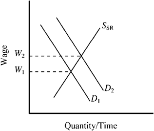 Use the figure to answer the following question(s). Figure 12-2 The demand D <sub>1</sub> and short-run supply S <sub>SR</sub> of accountants is indicated in Figure 12-2. Which of the following would most likely shift the demand for accountants from D <sub>1</sub> to D <sub>2</sub>?