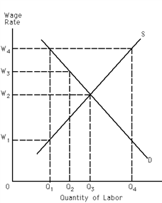 <strong>Exhibit 27-4 ​   Refer to Exhibit 27-4. If a labor union successfully organizes the labor market and sets the wage rate at W<sub>4</sub>, the amount of unemployment in this market will be equal to</strong> A)Q<sub>4</sub> - Q<sub>3</sub>. B)zero. C)Q<sub>3</sub> - Q<sub>1</sub>. D)Q<sub>2</sub> - Q<sub>3</sub>. E)Q<sub>4</sub> - Q<sub>1</sub>. <div style=padding-top: 35px> 