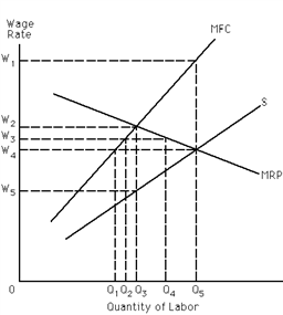 Exhibit 27-8 ​   Refer to Exhibit 27-8. Suppose that initially there is no collective bargaining and the monoposonist maximizes profit. Then the workers form a union and negotiate a wage of W<sub>3</sub>. What will happen to the total wage bill?