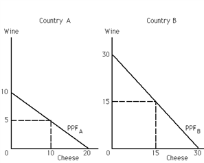 <strong>Exhibit 34-6 Refer to Exhibit 34-6. The opportunity cost of 1 unit of cheese in terms of units of wine is __________ for country A.</strong> A)1\2 B)2 C)10 D)5