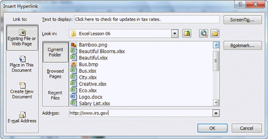 FIGURE EX 6-1 In order to enter a ScreenTip to go with your hyperlink, you would click ScreenTip in the dialog box shown in Figure EX 6-1 above. The Set Hyperlink ScreenTip ____ will appear.
