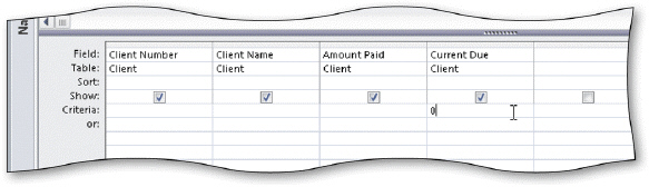 <strong> In the accompanying figure, the criterion for Current Due is 0. To find all clients whose current due amount is $2,000.00, erase the 0 in the Current Due column and enter _____ in the Criteria row of the Amount Paid column.</strong> A) =2,000 B) 2,000 C) =$2,000 D) 2000