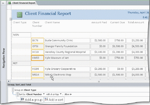 <strong> In the accompanying figure, you can click the More button in the Group, Sort, and Total pane to specify additional options. The _____ option allows you to customize the group title.</strong> A) Customize B) Header C) Title D) Label