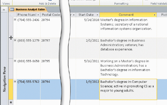 <strong> In the accompanying figure, the Comment field has been resized. To resize a field so that a larger portion of the text will appear, right-click the field selector, and click _____ to change the column size.</strong> A) Field Width B) Field Size C) Width D) Size