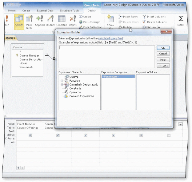 <strong> In the accompanying figure, an expression will be entered in the Expression Builder dialog box. To enter a caption for this expression, click the _____ button to display the property sheet.</strong> A) Properties B) Field Properties C) Query Properties D) Property Sheet