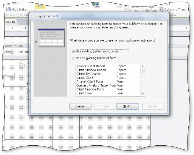 <strong> The SubReport Wizard displays in the accompanying figure. To open a subreport in Design view, right-click the subreport in the Navigation Pane and click _____ on the shortcut menu.</strong> A) SubReport View B) Design View C) Modify SubReport D) SubReport Design
