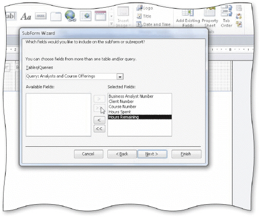 <strong> The SubForm Wizard displays in the accompanying figure. To open a subform in Design view, right-click the subform in the Navigation Pane and click _____ on the shortcut menu.</strong> A) Subform View B) Modify Subform C) Design View D) Subform Design