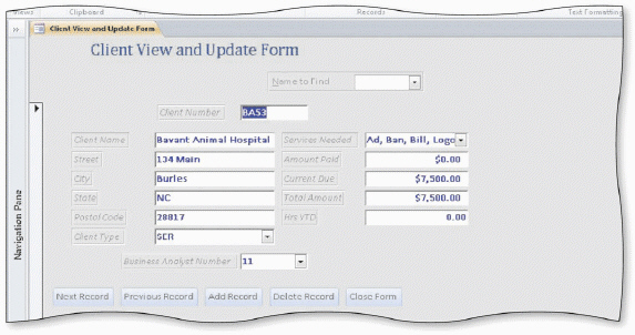 The form in the accompanying figure includes command buttons and a combo box. When you create an Add Record command button using the Command Button Wizard, the button automatically places an insertion point in the first field on the form.