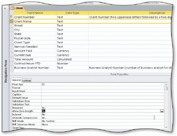 The accompanying figure displays the Client table in Design view. If you enter the & symbol at the beginning of an input mask, it ensures that any characters entered are converted to uppercase.